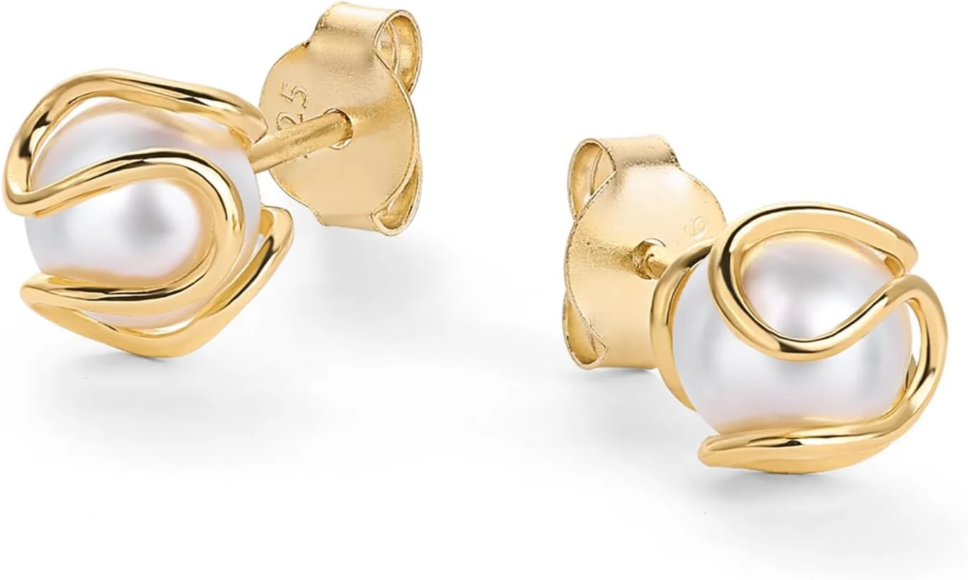 گوشواره های میخی مروارید کوچک قفس گرد با روکش طلای 14 عیار PAVOI - گوشواره های مرواریدی طلایی مد روز برای زنان - جواهرات کلاسیک عروس ضد حساسیت