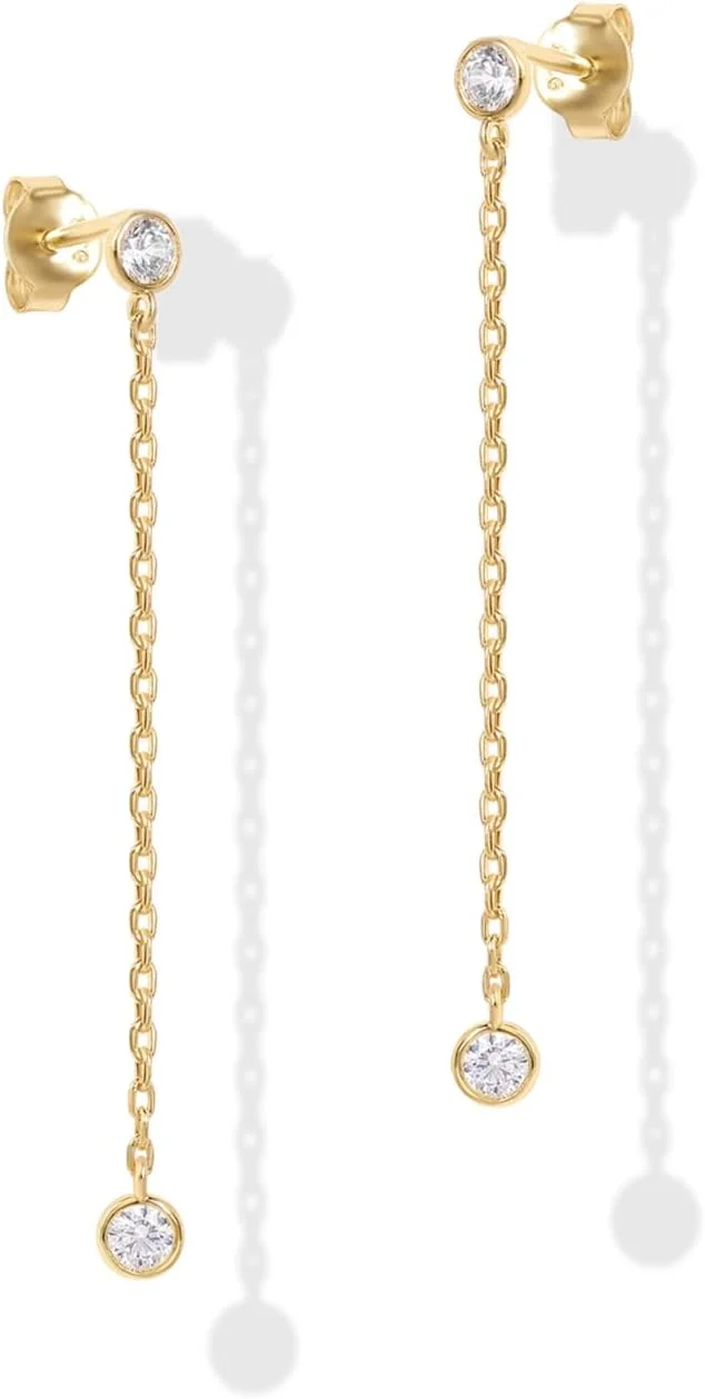 گوشواره های آویز خطی استیشن با روکش طلای 14 عیار و پایه نقره استرلینگ PAVOI برای زنان | گوشواره های آویز زنجیره ای الماس مصنوعی