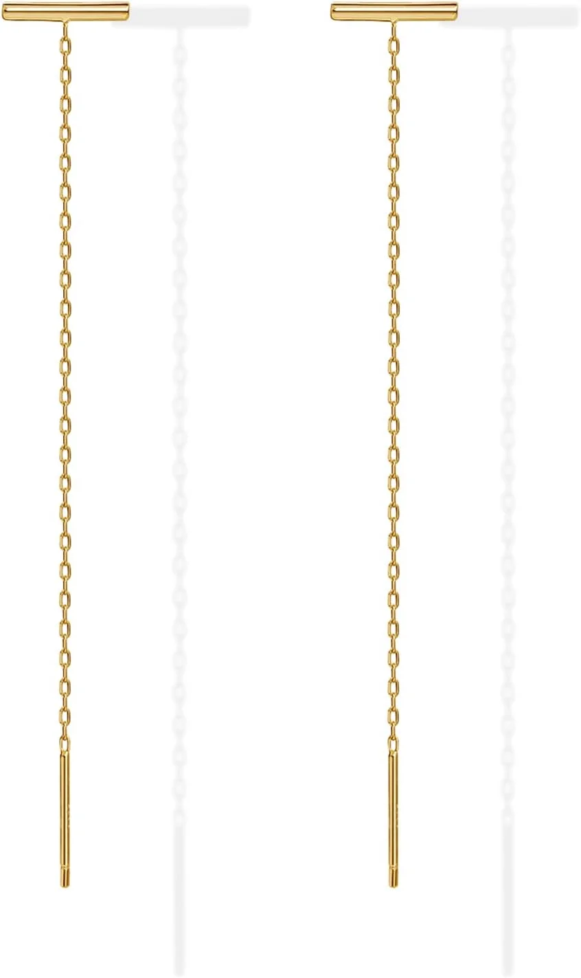 گوشواره های آویز رشته ای میله ای با روکش طلای 14 عیار و پایه نقره استرلینگ 925 زنانه | گوشواره های زنجیره ای طلایی مینیمالیستی برای سوراخ های دوتایی | گوشواره های موج دار تابیده آویز
