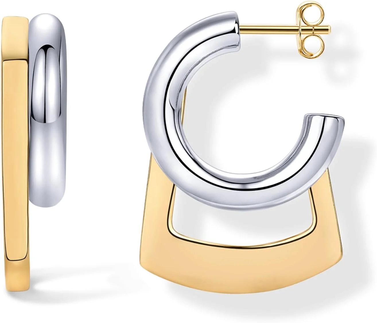 گوشواره های حلقه ای دوتایی دو رنگ با روکش طلای 14 عیار PAVOI برای زنان | یک جفت گوشواره آغوشی