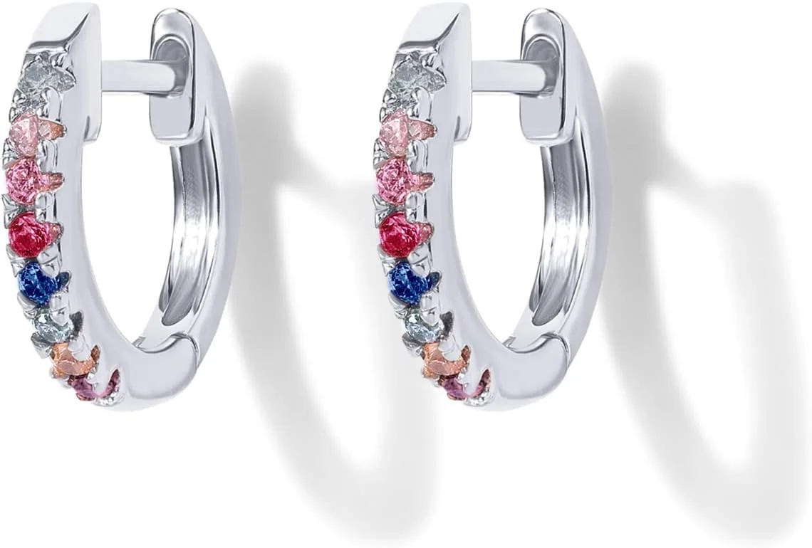 گوشواره های حلقه ای کوچک پاوی نگین دار با روکش طلای 14 عیار | گوشواره های حلقه ای زنانه نگین زیرکونیا | سنگ های سبز، گارنت، آبی اسپینل، مشکی، چند رنگ