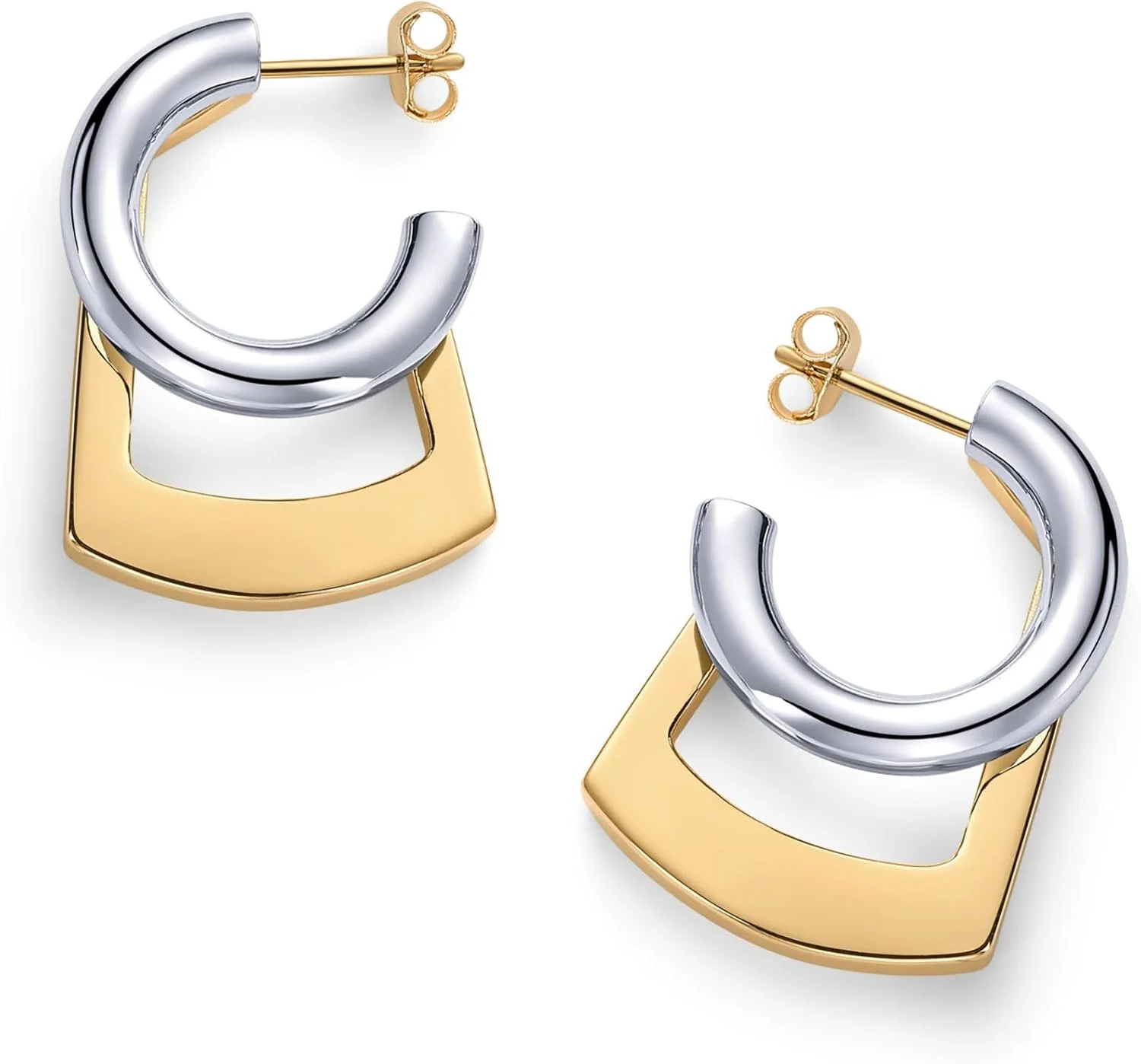 گوشواره های حلقه ای دوتایی دو رنگ با روکش طلای 14 عیار PAVOI برای زنان | یک جفت گوشواره آغوشی