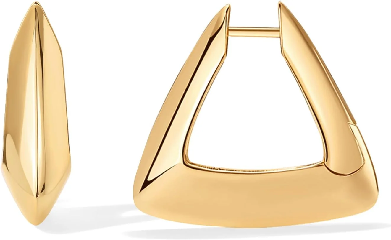 گوشواره های حلقه ای روکش طلای 14 عیار پاوی و طرح هندسی مثلثی - جواهرات حلقه ای شیک و مد روز برای زنان