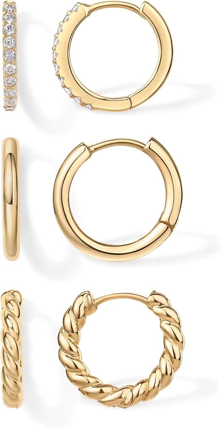 گوشواره های حلقه ای کوچک پاوی با روکش طلای 18 عیار و پایه نقره استرلینگ 925، ست 3 جفتی | حلقه های بغل کردنی طنابی ساده زیرکونیا مکعبی برای زنان | بسته گوشواره های سبک وزن