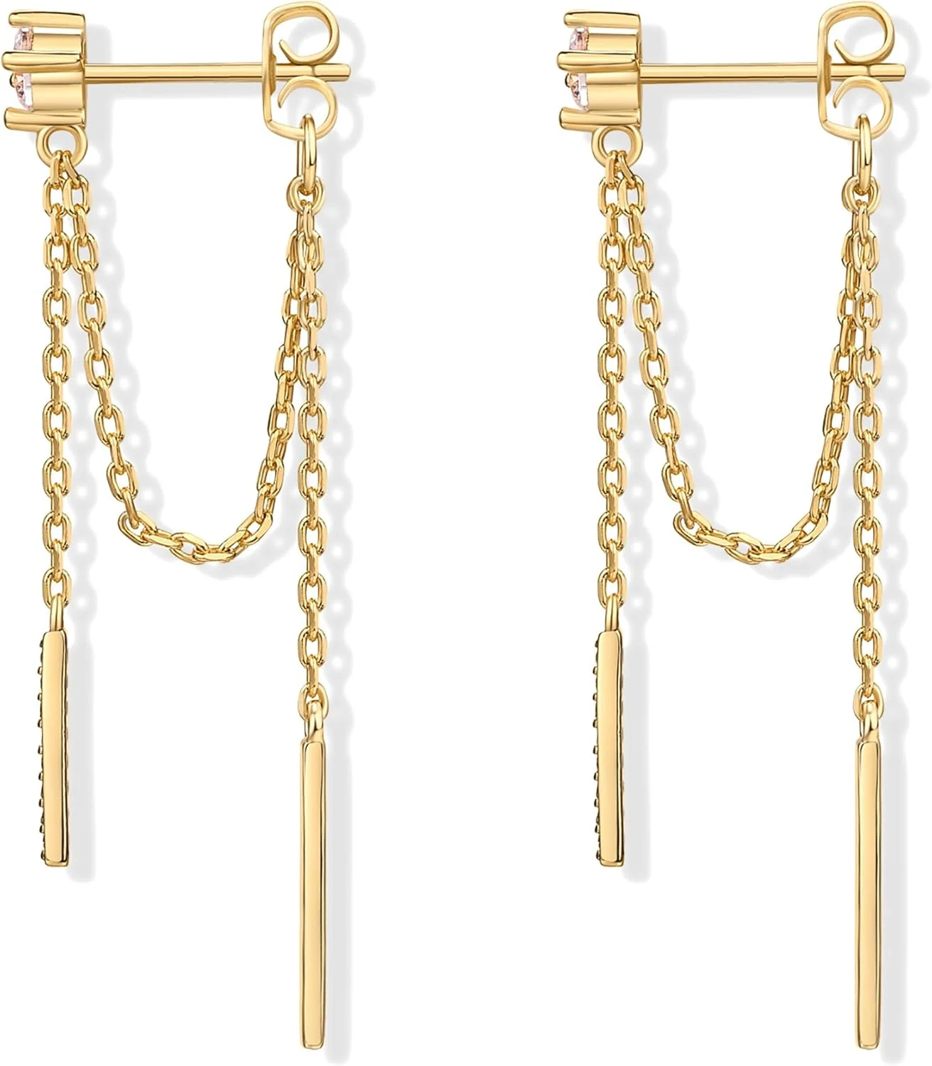 گوشواره های آویز زنجیری با روکش طلای 18 عیار و پایه نقره استرلینگ پاوی برای زنان | گوشواره های آویز زنجیری | گوشواره های توپی زیرکونیا مکعبی