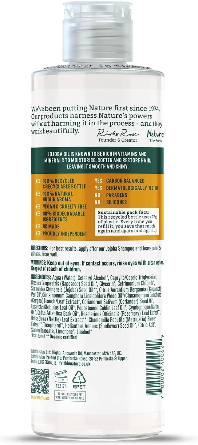 فیث این نیچر | 400 میلی لیتر | نرم کننده صاف کننده | جوجوبا برای مو و پوست سر خشک | 99.5% منشاء طبیعی | حاوی رزماری ارگانیک، گزنه و بابونه | وگان و بدون تست حیوانی