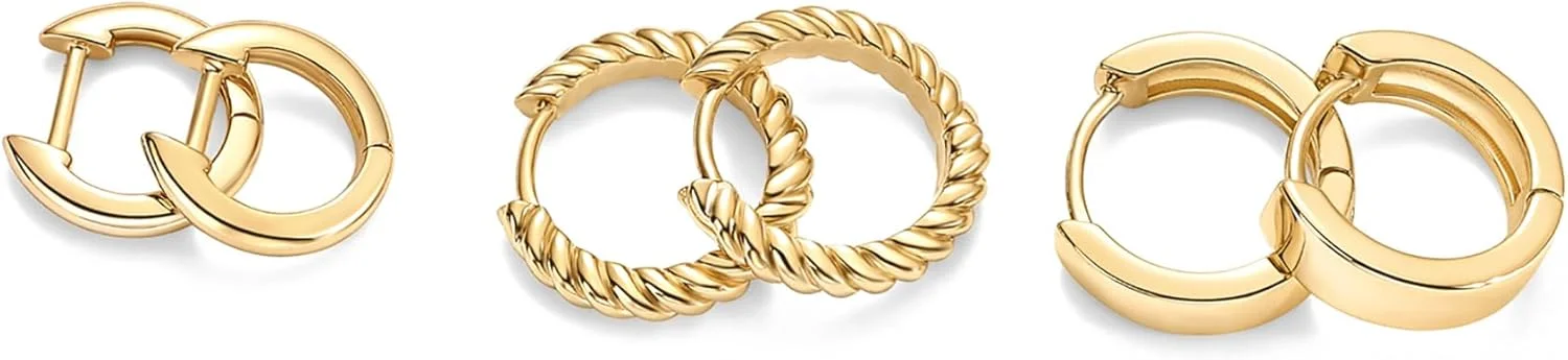 گوشواره های حلقه ای کوچک پاوی با روکش طلای 18 عیار و پایه نقره استرلینگ، ست 3 جفتی | حلقه های طنابی ساده و پهن برای زنان، بسته گوشواره 15 میلی متر، 14 میلی متر، 12 میلی متر گوشواره های حلقه ای کوچک پاوی با روکش طلای 18 عیار و پایه نقره استرلینگ، ست 3 جفتی | حلقه های طنابی ساده و پهن برای زنان، بسته گوشواره 15 میلی متر، 14 میلی متر، 12 میلی متر