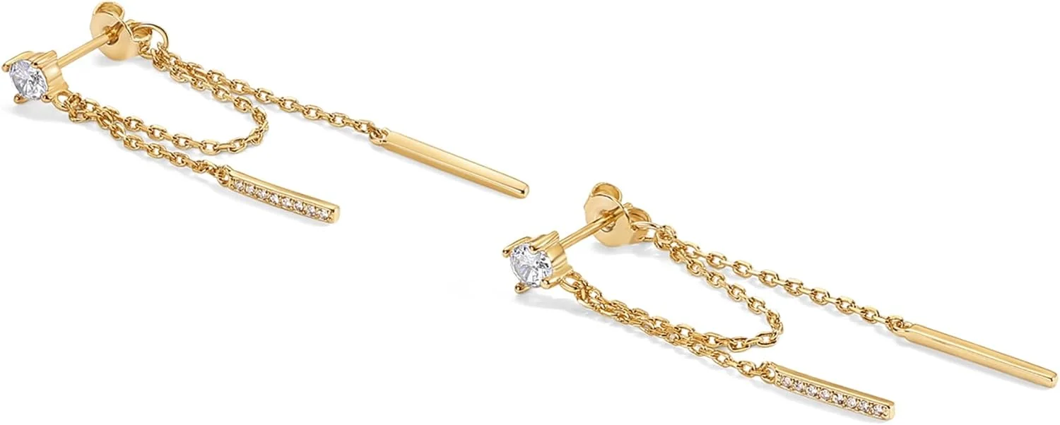 گوشواره های آویز زنجیری با روکش طلای 18 عیار و پایه نقره استرلینگ پاوی برای زنان | گوشواره های آویز زنجیری | گوشواره های توپی زیرکونیا مکعبی