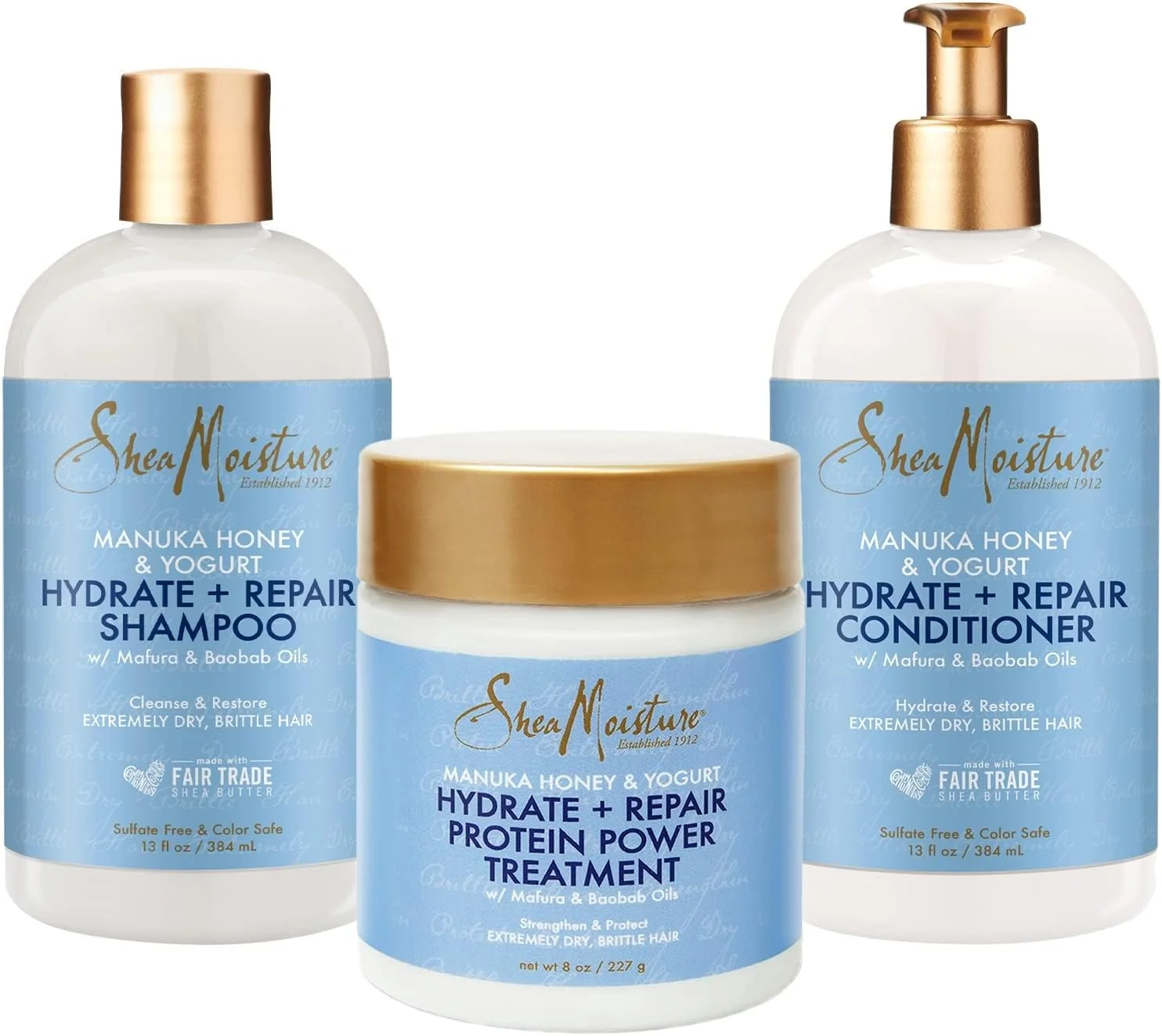 مجموعه شامپو و نرم کننده شی مویسچر، 384 میلی لیتر، به همراه درمان پروتئینی قوی 236 میلی لیتر. عسل مانوکا و ماست، آبرسان + ترمیم کننده مو، ویتامین C، بدون سولفات و ایمن برای موهای رنگ شده
