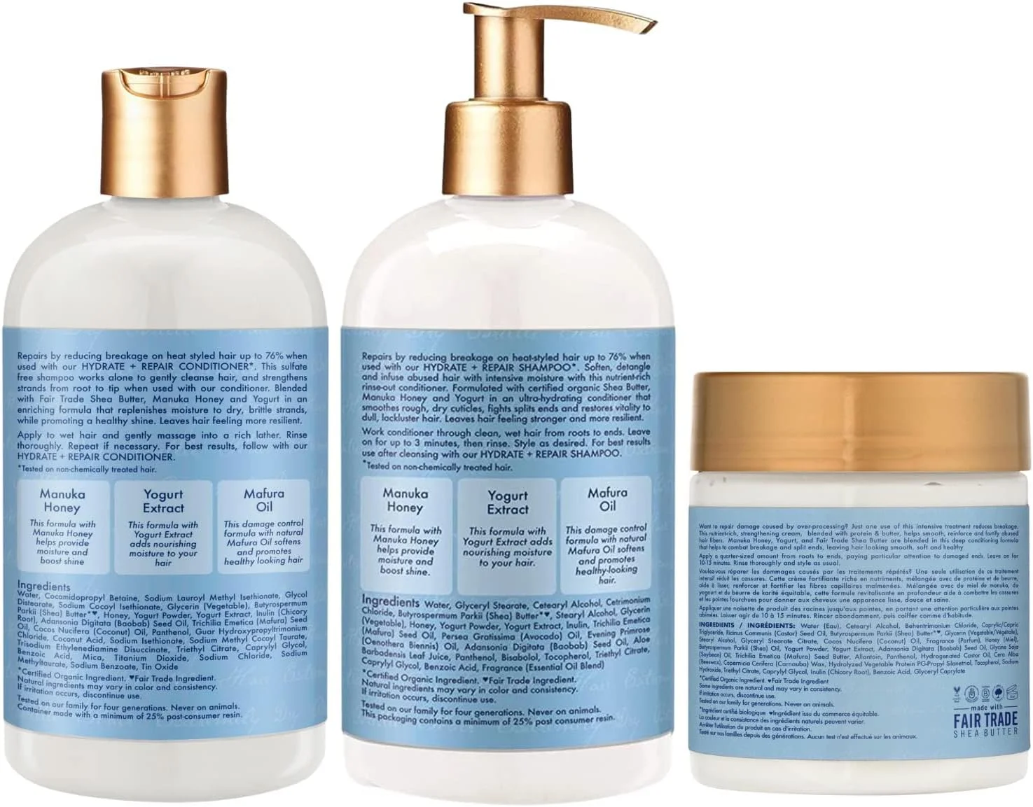 مجموعه شامپو و نرم کننده شی مویسچر، 384 میلی لیتر، به همراه درمان پروتئینی قوی 236 میلی لیتر. عسل مانوکا و ماست، آبرسان + ترمیم کننده مو، ویتامین C، بدون سولفات و ایمن برای موهای رنگ شده مجموعه شامپو و نرم کننده شی مویسچر، 384 میلی لیتر، به همراه درمان پروتئینی قوی 236 میلی لیتر. عسل مانوکا و ماست، آبرسان + ترمیم کننده مو، ویتامین C، بدون سولفات و ایمن برای موهای رنگ شده