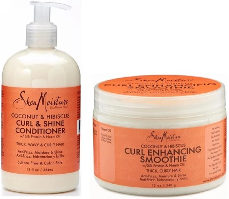 مجموعه ترکیبی نارگیل و گل بامیه Shea Moisture؛ نرم کننده فر و درخشان کننده مو 384 میلی لیتر، اسموتی تقویت کننده فر مو 354 میلی لیتر