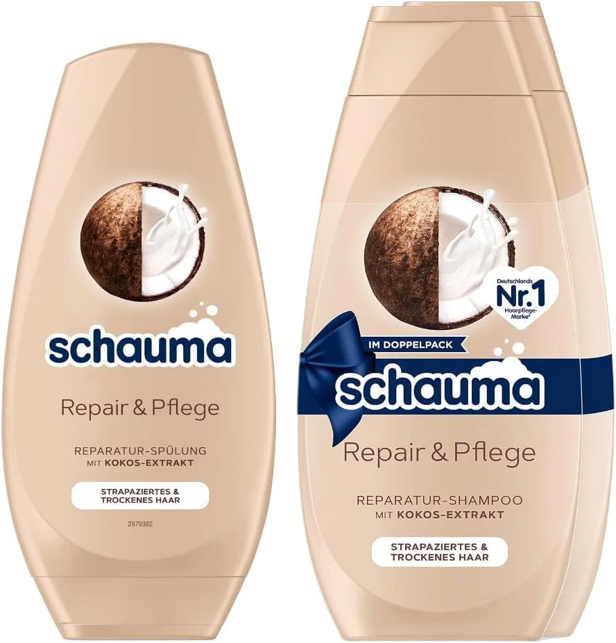 شامپو ترمیم کننده و مراقبت کننده Schauma بسته 2 عددی (1 x 2 x 400 میلی لیتر) ایجاد کننده نرمی، شامپو ترمیم کننده برای موهای آسیب دیده و خشک و نرم کننده مو (1 x 250 میلی لیتر) نرم کننده مو با عصاره نارگیل
