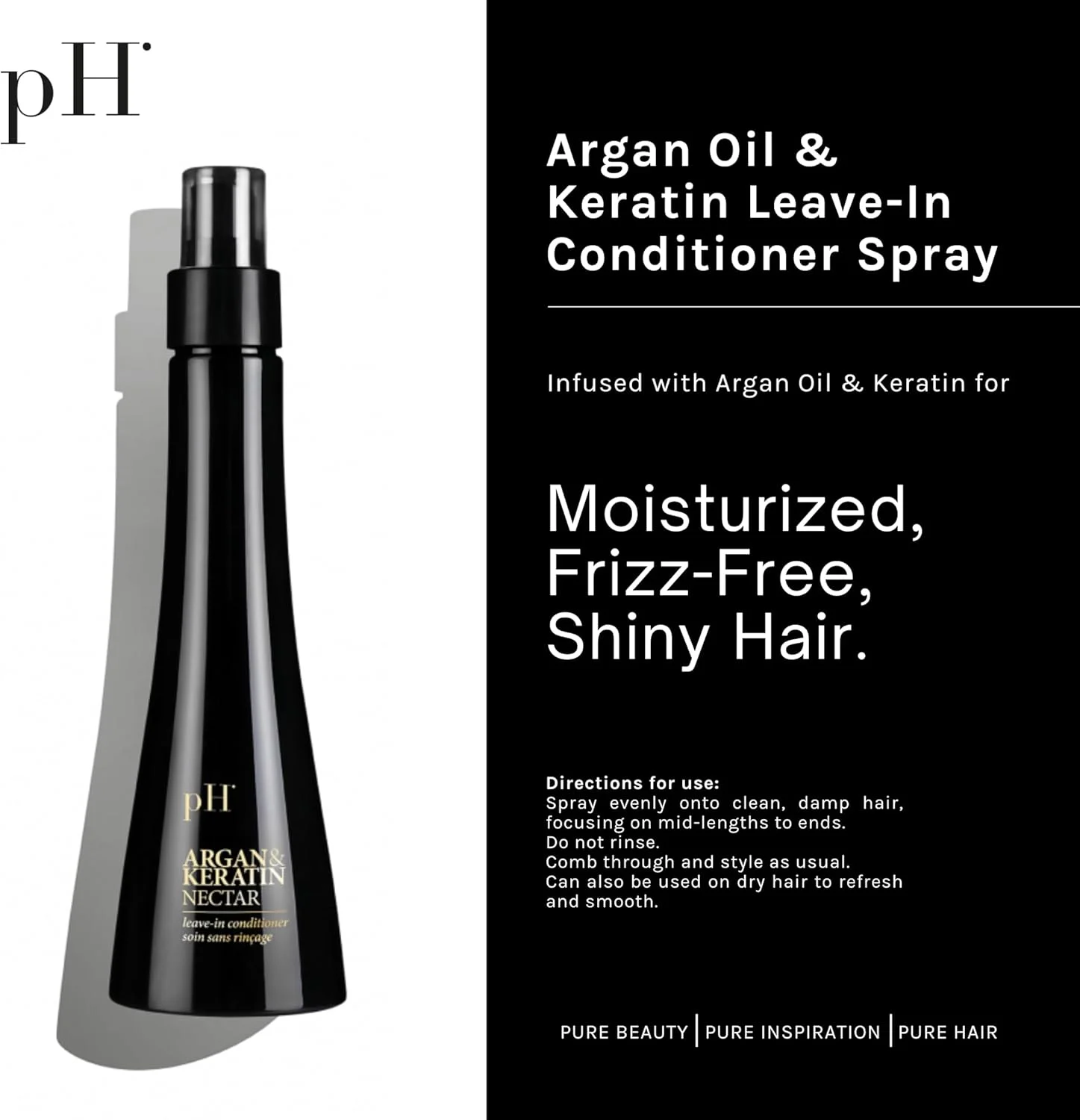 نرم کننده موی سر حاوی روغن آرگان و کراتین pH PURE HAIR Labs، اسپری نرم کننده مو برای موهای آسیب دیده 150 میلی لیتر