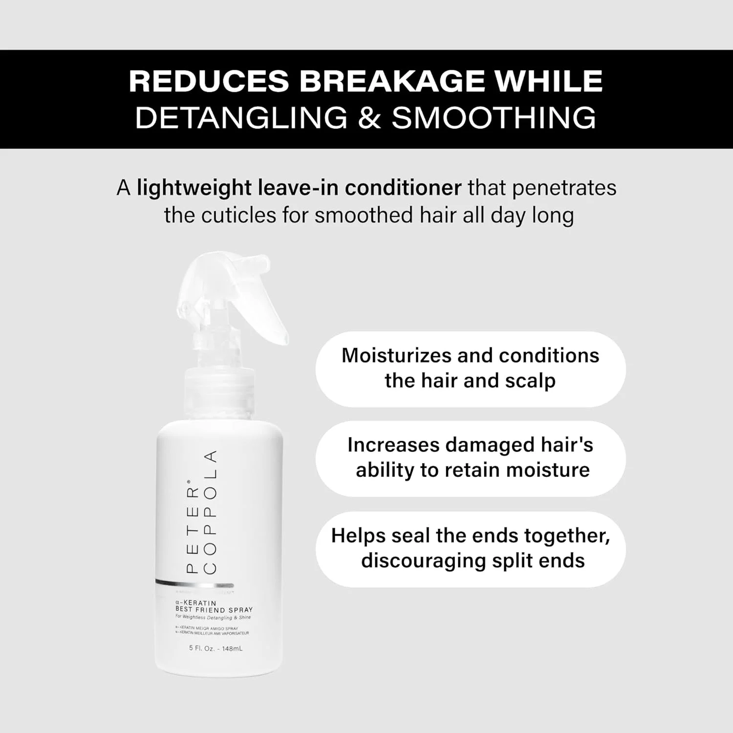 اسپری بهترین دوست پیتر کوپولا 150 میلی لیتر - نرم کننده مو - مناسب برای موهای آسیب دیده - غنی شده با روغن آرگان، نعناع فلفلی، آلوئه ورا