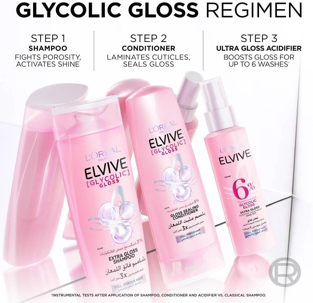 نرم کننده مو لورآل پاریس Elvive Glycolic Gloss، حاوی 5% کمپلکس براق کننده با [اسید گلیکولیک]، 360 میلی لیتر