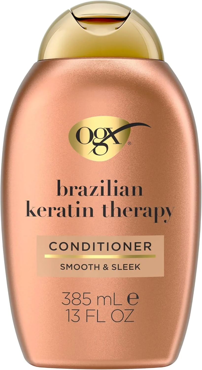 نرم کننده مو او جی ایکس Ever-Straightening + Brazilian Keratin Therapy، 385 میلی لیتر، نرم کننده موی صاف و ابریشمی با کراتین برای کاهش وز و موخوره، افزایش درخشندگی و حالت پذیری