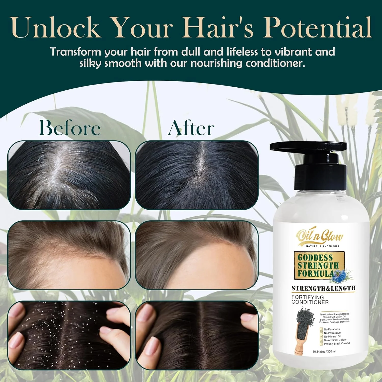 نرم کننده رشد مو ارگانیک OilnGlow: نرم کننده تقویت کننده و مرطوب کننده مو برای ریزش مو، موهای آسیب دیده، خشک و نازک برای زنان و مردان 10 اونس مایع - بدون عطر