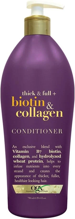 نرم کننده مو ضخیم کننده و پرپشت کننده مو او جی ایکس، حاوی بیوتین و کلاژن، حجم 750 میلی لیتر، فاقد پارابن و سولفات، حاوی مواد اولیه پایدار، مغذی و تقویت کننده