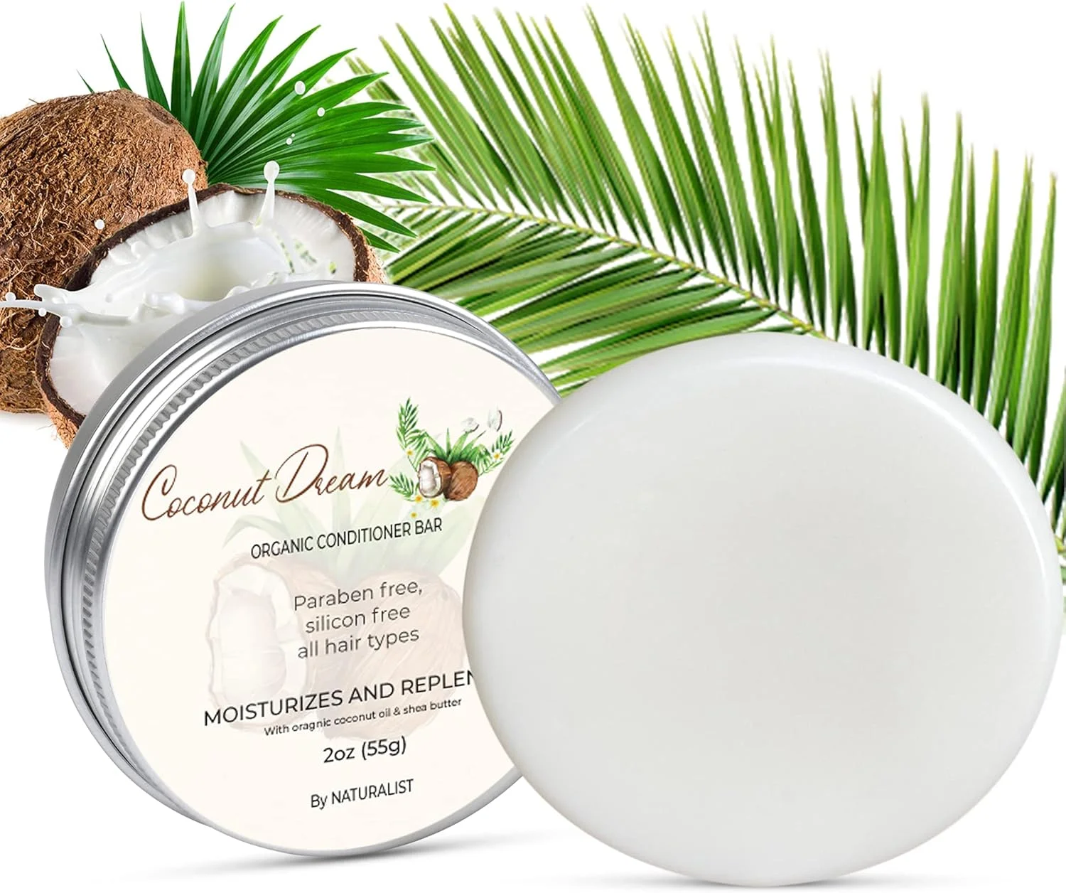 نرم کننده موی جامد نچرالیست، ارگانیک، گیاهی، بدون SLS، وگان، مناسب انواع مو | متعادل کننده PH، بدون پلاستیک | سازگار با محیط زیست، مناسب برای مسافرت (رویای نارگیل) | 2oz