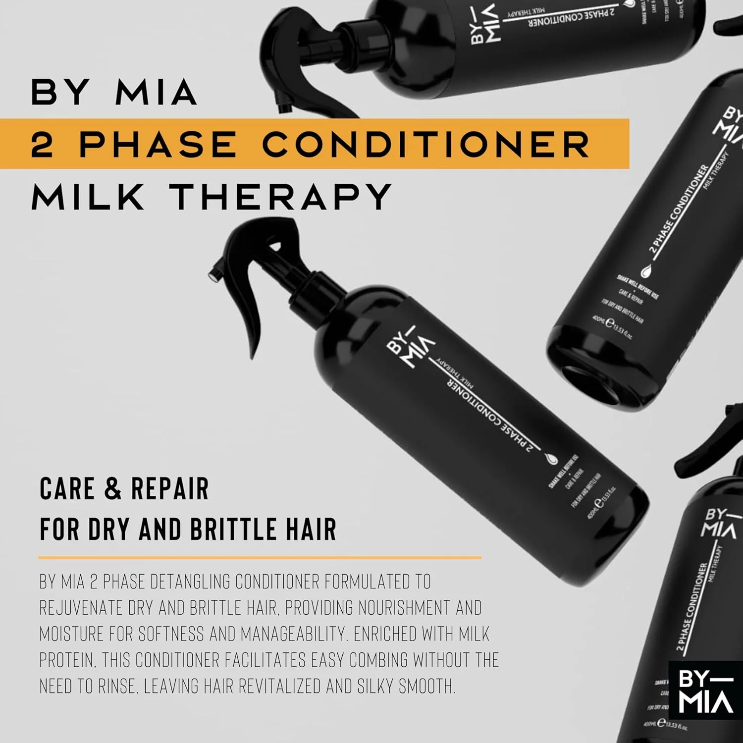 نرم کننده مو دو فاز ممتاز BY MIA با درمان شیر 400 میلی لیتر، اسپری نرم کننده مو بدون نیاز به آبکشی برای موهای خشک و آسیب دیده، مراقبت و ترمیم فشرده