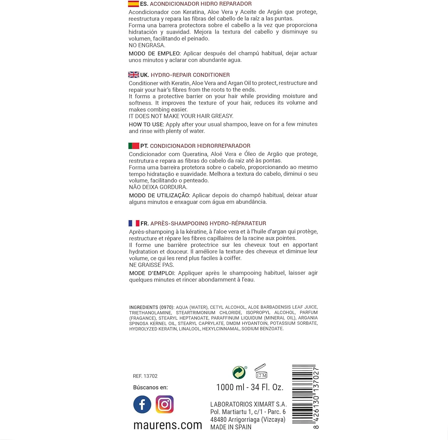 نرم کننده موی سر ترمیم کننده و آبرسان مویرنس، حاوی کراتین، آلوئه ورا و روغن آرگان، محافظت، بازسازی و ترمیم کننده فیبرهای مو از ریشه تا نوک، 1000 میلی لیتر