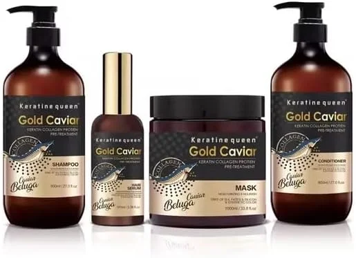 مجموعه مراقبت موی کراتین گلد خاویار شامل شامپو، نرم کننده، ماسک مو و سرم/روغن مو. (مجموعه کامل (4 تکه))