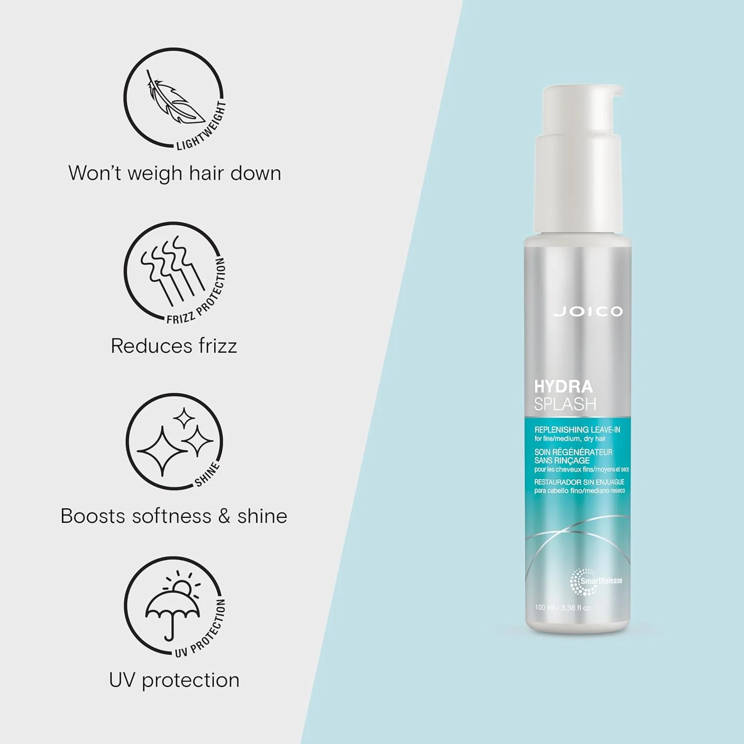 اسپری نرم کننده مو جویکو هیدرااسپلش | برای موهای نازک، متوسط و خشک | افزایش درخشندگی و لطافت | کنترل وز و آبرسانی | حاوی جلبک دریایی و آب نارگیل | 100 میلی لیتر