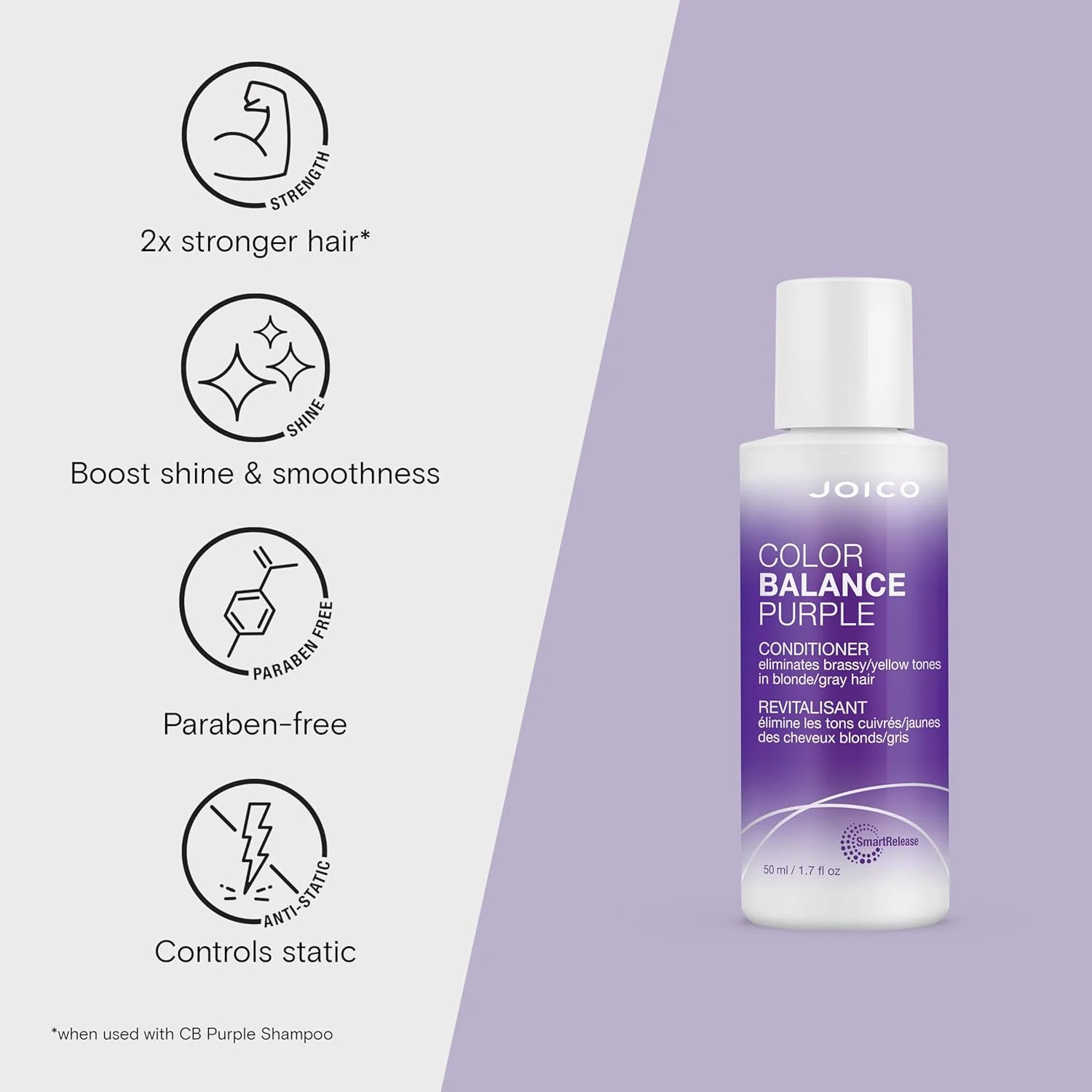 نرم کننده بنفش متعادل کننده رنگ جویکو | برای موهای بلوند و خاکستری سرد | از بین بردن ته رنگ های زرد مسی | افزایش شادابی و درخشندگی رنگ | محافظت در برابر اشعه ماوراء بنفش | حاوی روغن گل رز و عصاره چای سبز | 50 میلی لیتر