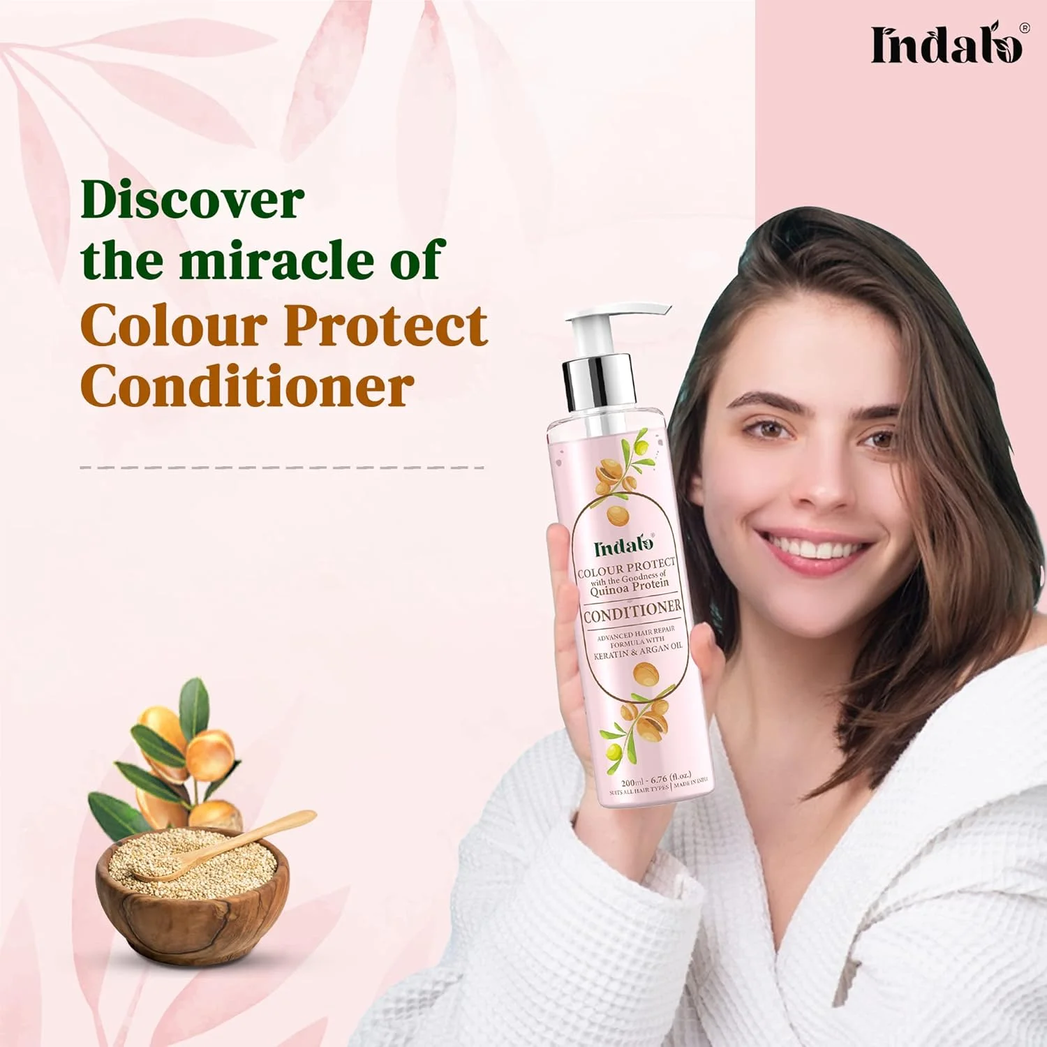 نرم کننده محافظ رنگ مو و پروتئین کینوا ایندالو مناسب موهای رنگ شده و آسیب دیده با روغن آرگان - درمان کراتینه مو برای موهای صاف و تغذیه شده، فاقد سولفات، آمونیاک و پارابن (200 میلی لیتر)