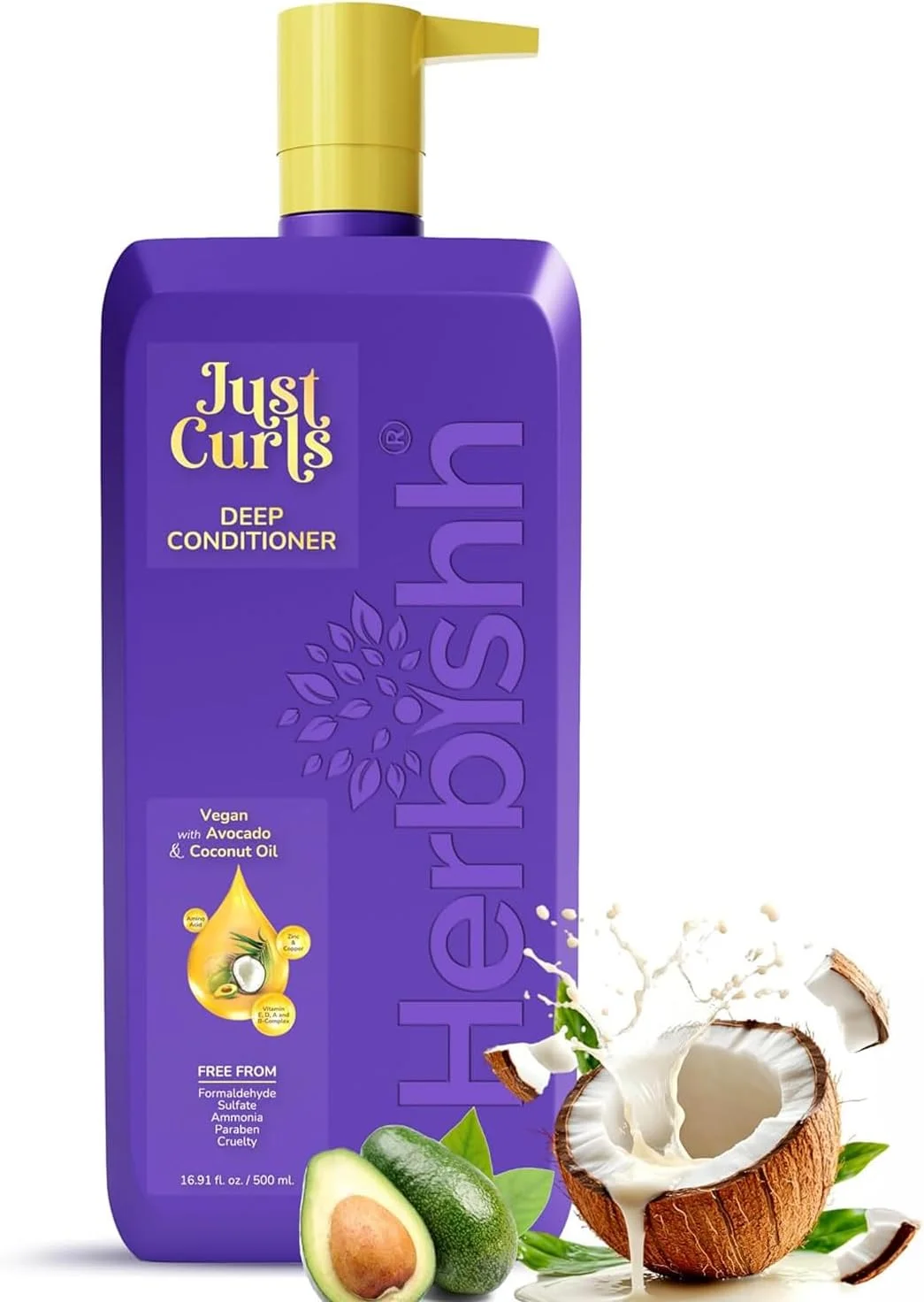 نرم کننده عمیق موهای فر هربیش، روغن آووکادو و نارگیل، وگان، 500 میلی لیتر، نرم کننده عمیق کرل فکشن برای موهای فر و نرم کننده عمیق مو برای موهای خشک و آسیب دیده، باز کننده گره مو، موهای موج دار