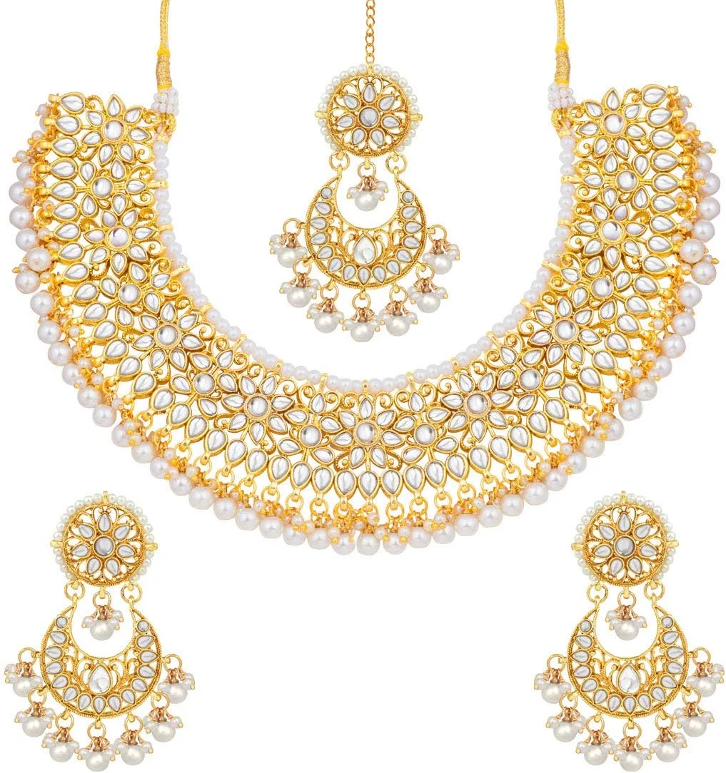 ست جواهرات زنانه Aheli شامل گردنبند، گوشواره و مانگ تیکا با مهره های مصنوعی Kundan، طراحی بولیوودی و سنتی ست جواهرات زنانه Aheli شامل گردنبند، گوشواره و مانگ تیکا با مهره های مصنوعی Kundan، طراحی بولیوودی و سنتی