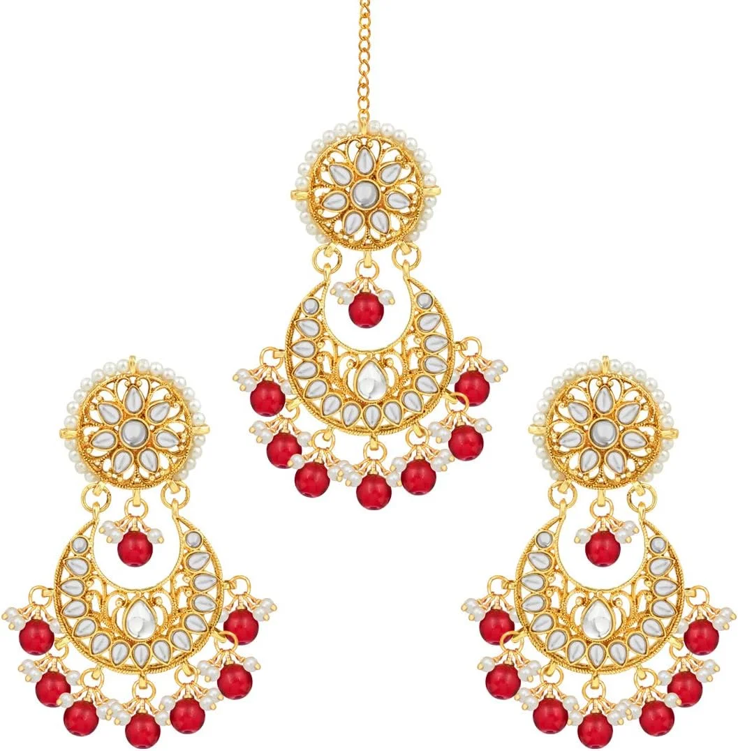 آهلی گوشواره های سبک بالیوود نگین دار، مروارید و مهره های رنگی، ست مانگ تیکا، جواهرات مد روز سنتی هندی برای زنان (سبز)