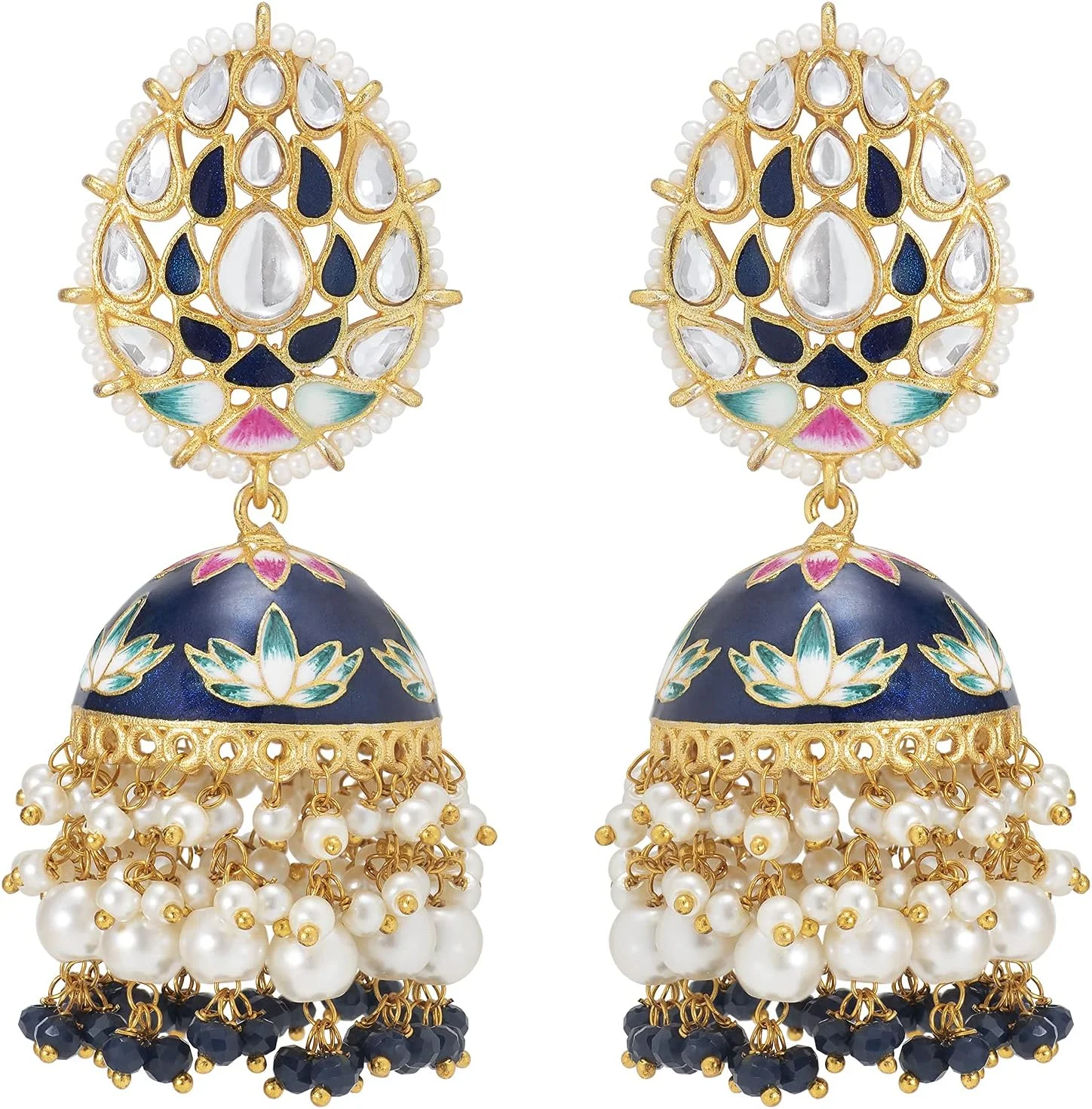 آهلی، گوشواره های جومکا جومکی میناکاری شده طرح گل طلایی رنگ، مناسب لباس عروسی سنتی، دارای منگوله مهره ای، زیورآلات مد روز قومی هندی برای زنان و دختران آهلی، گوشواره های جومکا جومکی میناکاری شده طرح گل طلایی رنگ، مناسب لباس عروسی سنتی، دارای منگوله مهره ای، زیورآلات مد روز قومی هندی برای زنان و دختران