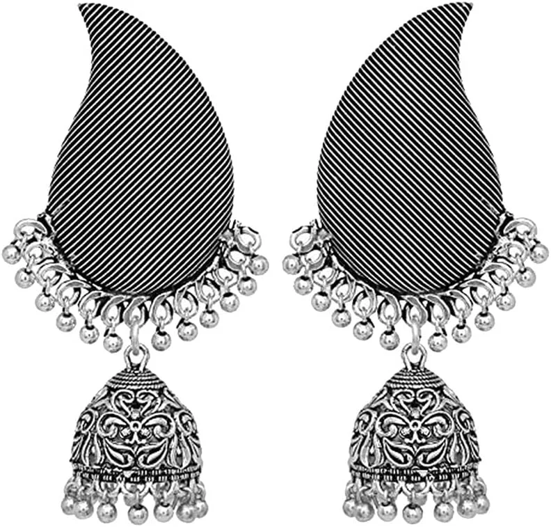 گوشواره های آویز Jhumki طرح طاووس با الهام از سبک وینتج و بوهمی هندی، طراحی پیچیده و اکسید شده، زیورآلات مد قومی برای زنان