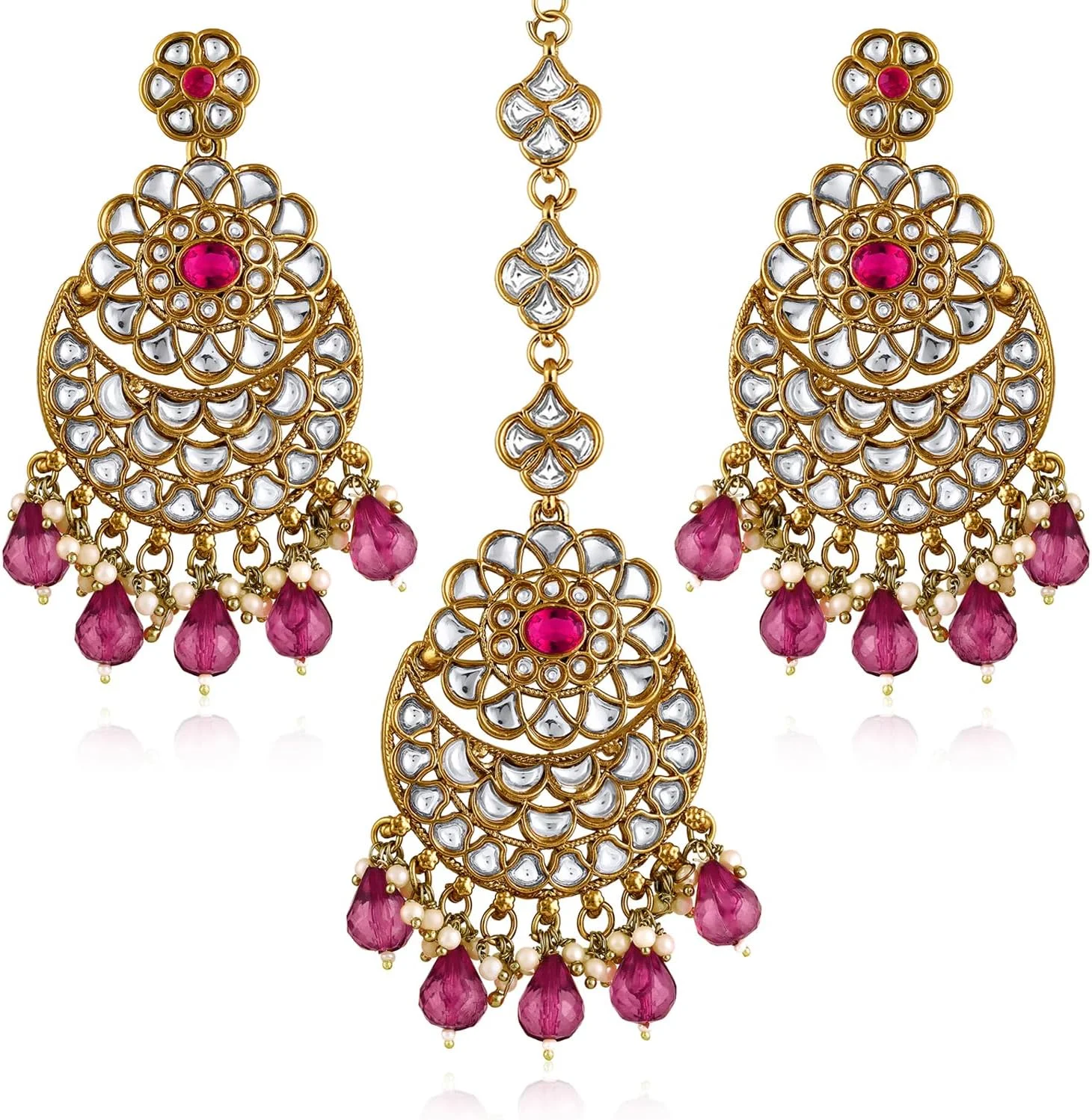 گوشواره های چندبالی نگین دار سفید رنگ Aheli Kundan و مهره ای به همراه مانگ تیکا زنانه