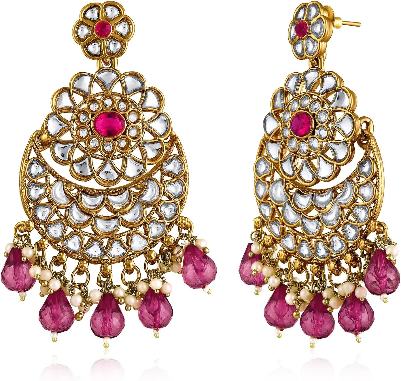 گوشواره های چندبالی نگین دار سفید رنگ Aheli Kundan و مهره ای به همراه مانگ تیکا زنانه گوشواره های چندبالی نگین دار سفید رنگ Aheli Kundan و مهره ای به همراه مانگ تیکا زنانه
