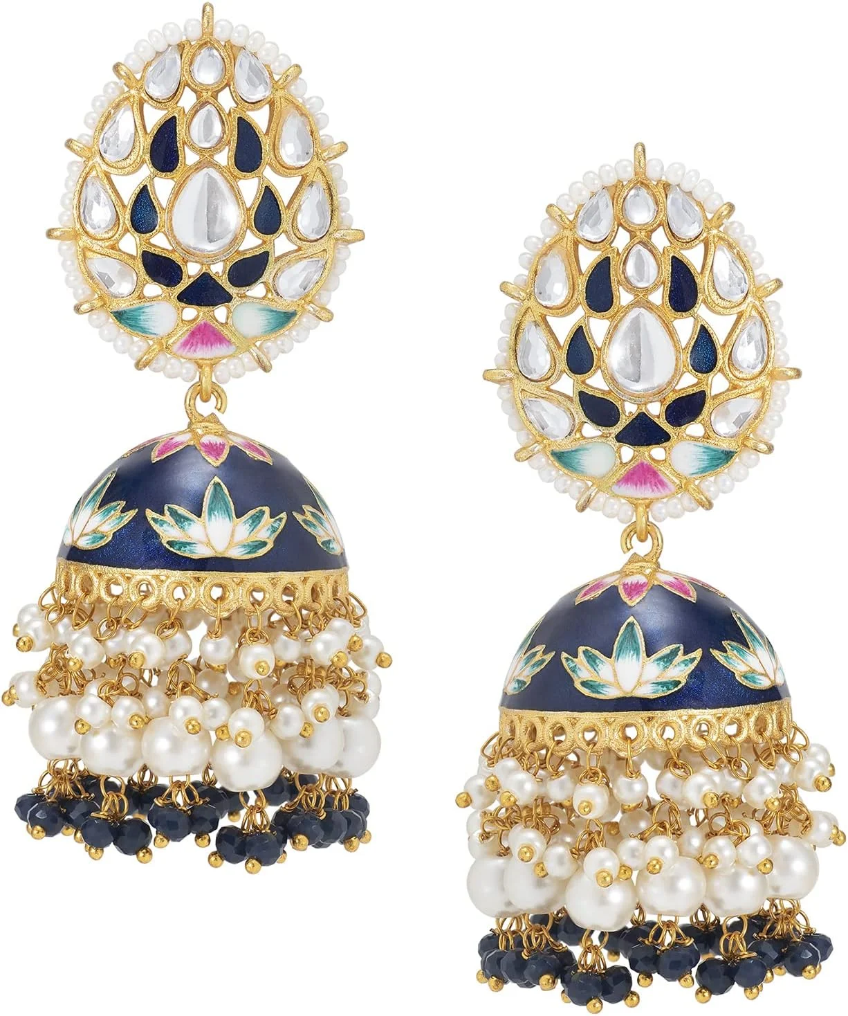 آهلی، گوشواره های جومکا جومکی میناکاری شده طرح گل طلایی رنگ، مناسب لباس عروسی سنتی، دارای منگوله مهره ای، زیورآلات مد روز قومی هندی برای زنان و دختران آهلی، گوشواره های جومکا جومکی میناکاری شده طرح گل طلایی رنگ، مناسب لباس عروسی سنتی، دارای منگوله مهره ای، زیورآلات مد روز قومی هندی برای زنان و دختران