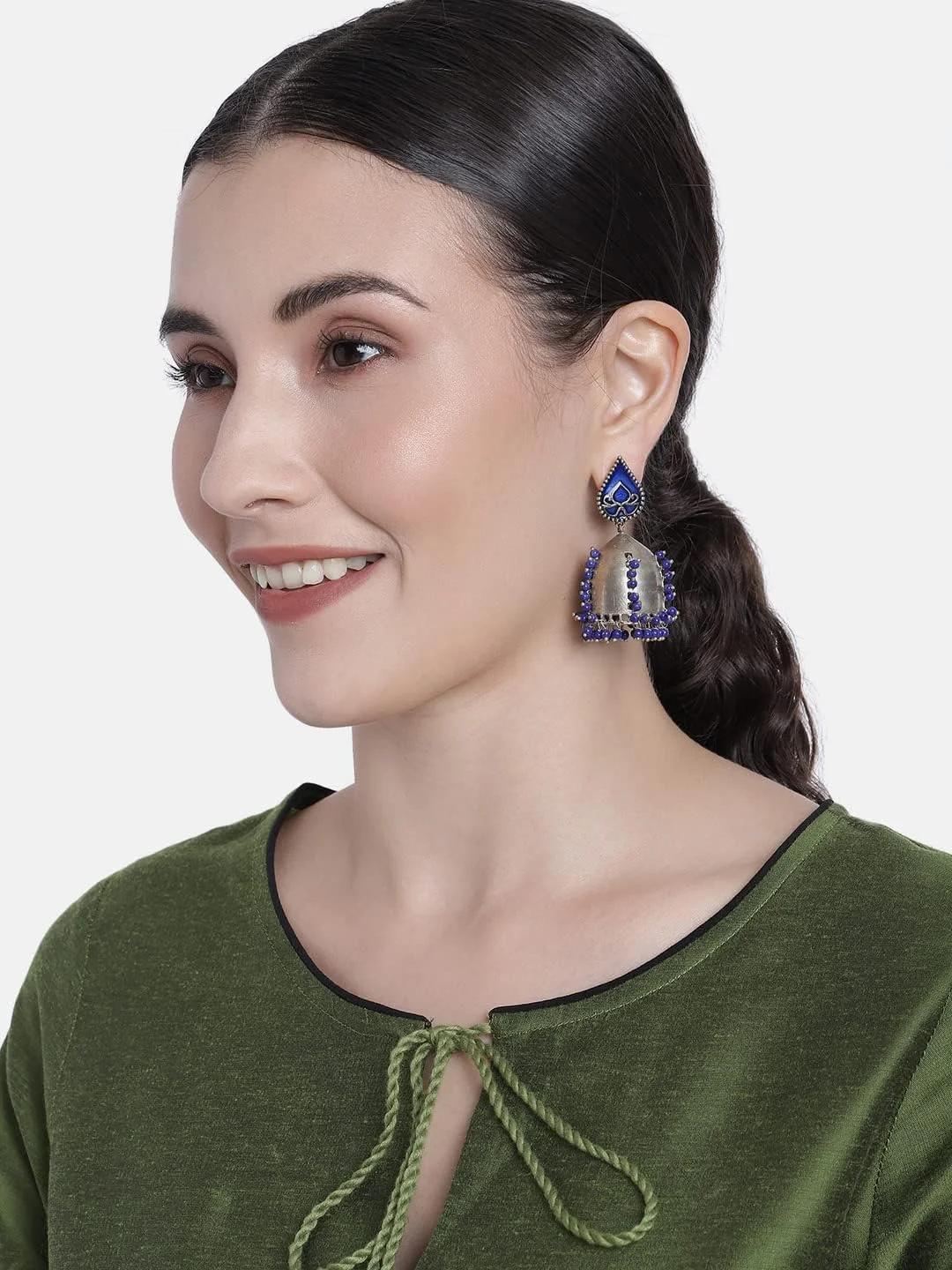 گوشواره های دست ساز میناکاری شده Aheli مدل Jhumka Jhumki، جواهرات سنتی هندی برای زنان و دختران (آبی) گوشواره های دست ساز میناکاری شده Aheli مدل Jhumka Jhumki، جواهرات سنتی هندی برای زنان و دختران (آبی)