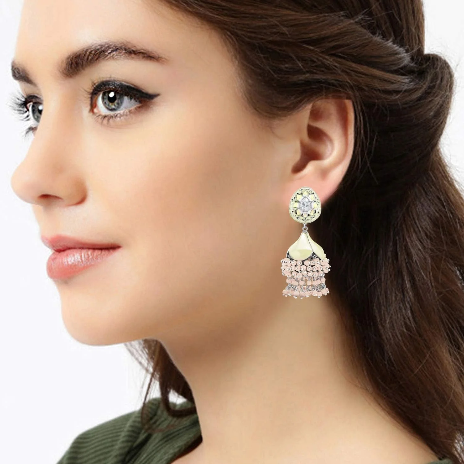 گوشواره های آویز جومکی طرح نیلوفر طلایی رنگ Aheli، جواهرات مد روز عروسی هندی قومی برای زنان گوشواره های آویز جومکی طرح نیلوفر طلایی رنگ Aheli، جواهرات مد روز عروسی هندی قومی برای زنان