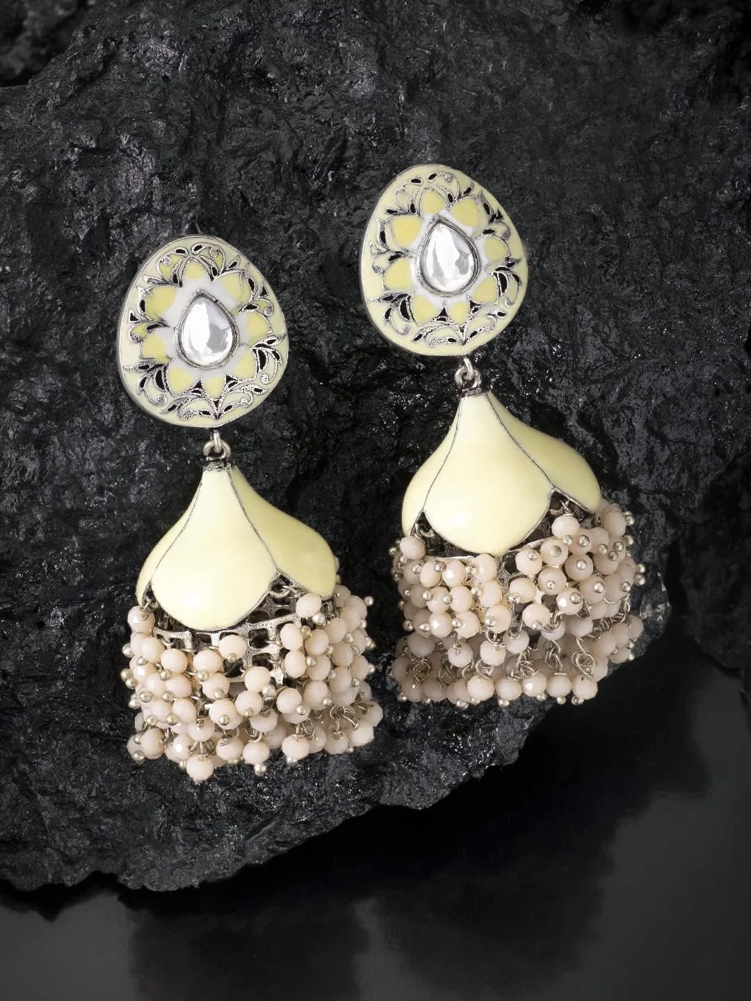 گوشواره های آویز جومکی طرح نیلوفر طلایی رنگ Aheli، جواهرات مد روز عروسی هندی قومی برای زنان گوشواره های آویز جومکی طرح نیلوفر طلایی رنگ Aheli، جواهرات مد روز عروسی هندی قومی برای زنان