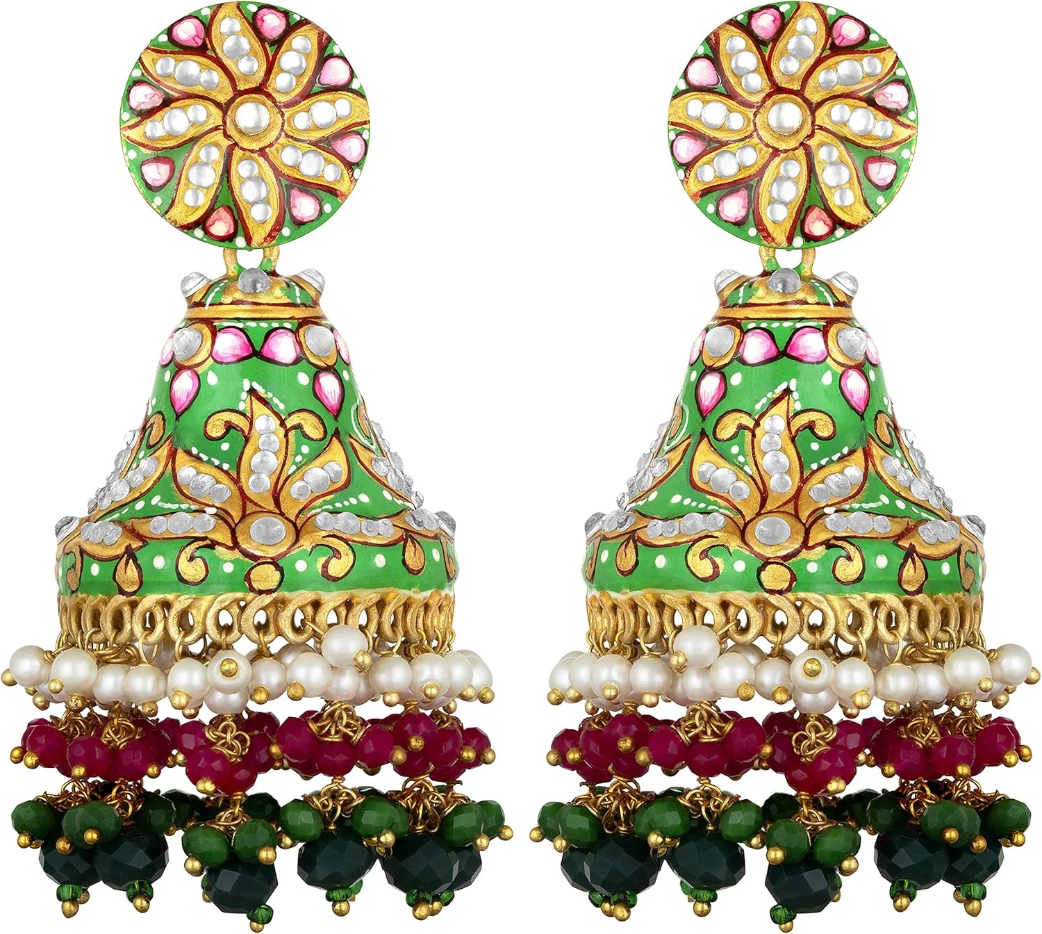 گوشواره های آویز جومکی میناکاری شده دست ساز Aheli Pearl Kundan، جواهرات سنتی هندی برای زنان و دختران (نعنایی)