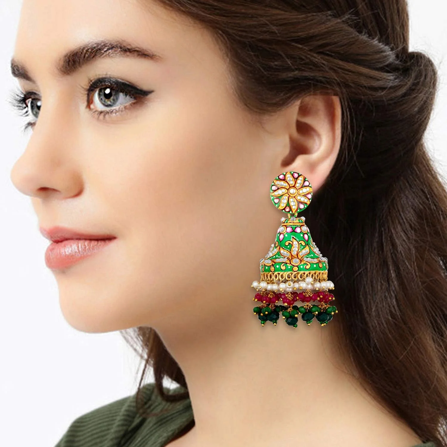 گوشواره های آویز جومکی میناکاری شده دست ساز Aheli Pearl Kundan، جواهرات سنتی هندی برای زنان و دختران (نعنایی) گوشواره های آویز جومکی میناکاری شده دست ساز Aheli Pearl Kundan، جواهرات سنتی هندی برای زنان و دختران (نعنایی)