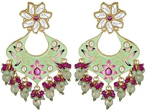 گوشواره های آویز میناکاری کریستال Kundan Aheli، جواهرات سنتی بالیوودی هندی برای زنان گوشواره های آویز میناکاری کریستال Kundan Aheli، جواهرات سنتی بالیوودی هندی برای زنان