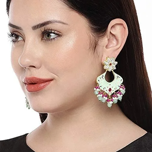گوشواره های آویز میناکاری کریستال Kundan Aheli، جواهرات سنتی بالیوودی هندی برای زنان گوشواره های آویز میناکاری کریستال Kundan Aheli، جواهرات سنتی بالیوودی هندی برای زنان