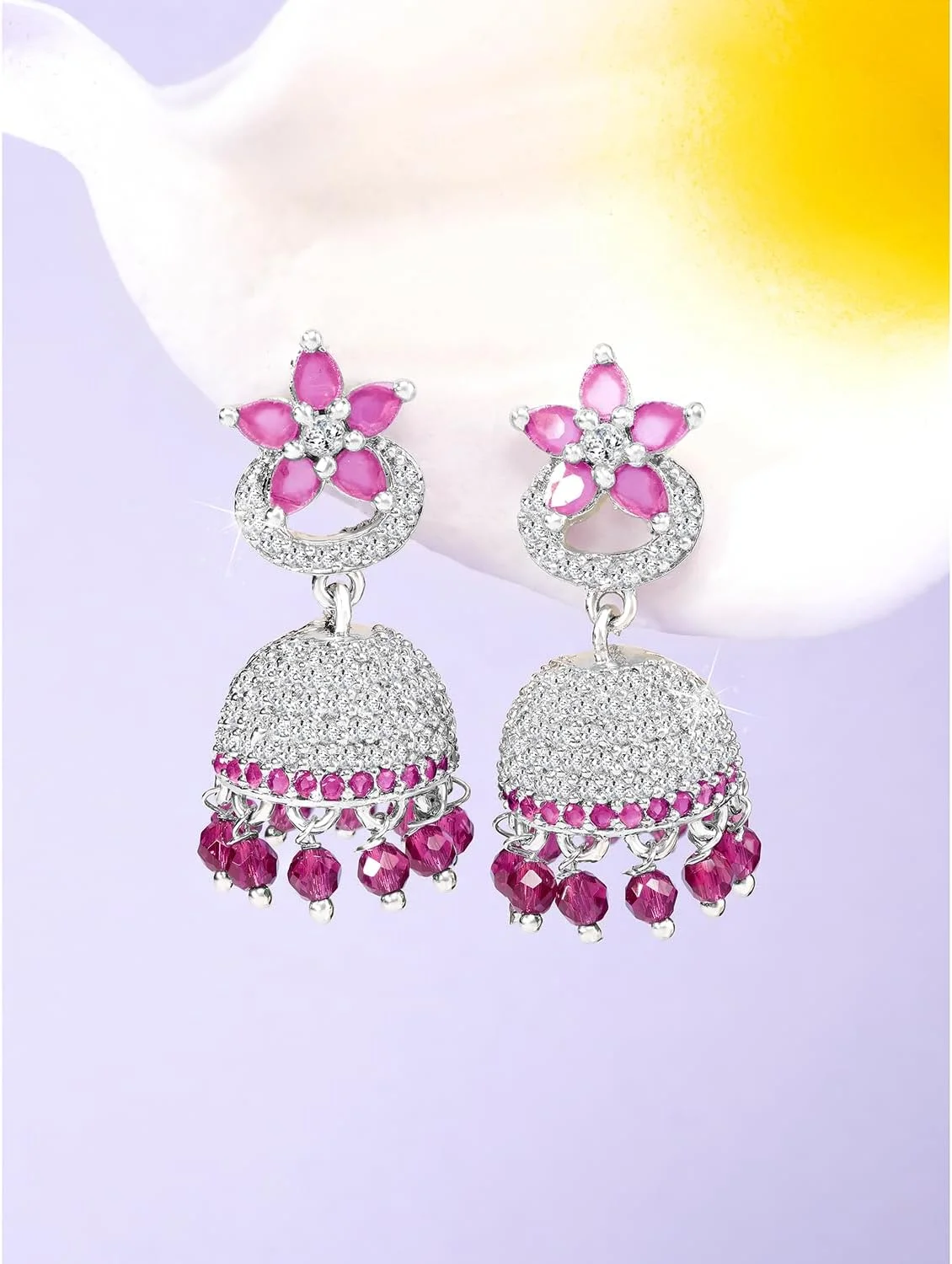 گوشواره های جومکی نقره ای با نگین های زیرکونیا و مهره های صورتی رانی Aheli، جواهرات زنانه گوشواره های جومکی نقره ای با نگین های زیرکونیا و مهره های صورتی رانی Aheli، جواهرات زنانه