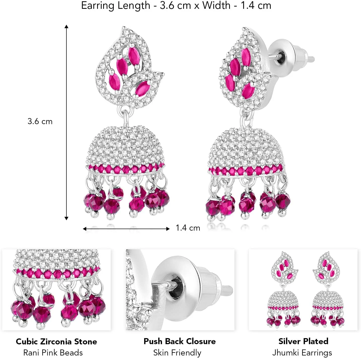 آهلی گوشواره های جومکی نقره ای با زیرکونیا مکعبی و مهره های صورتی رانی، جواهرات قومی برای زنان آهلی گوشواره های جومکی نقره ای با زیرکونیا مکعبی و مهره های صورتی رانی، جواهرات قومی برای زنان