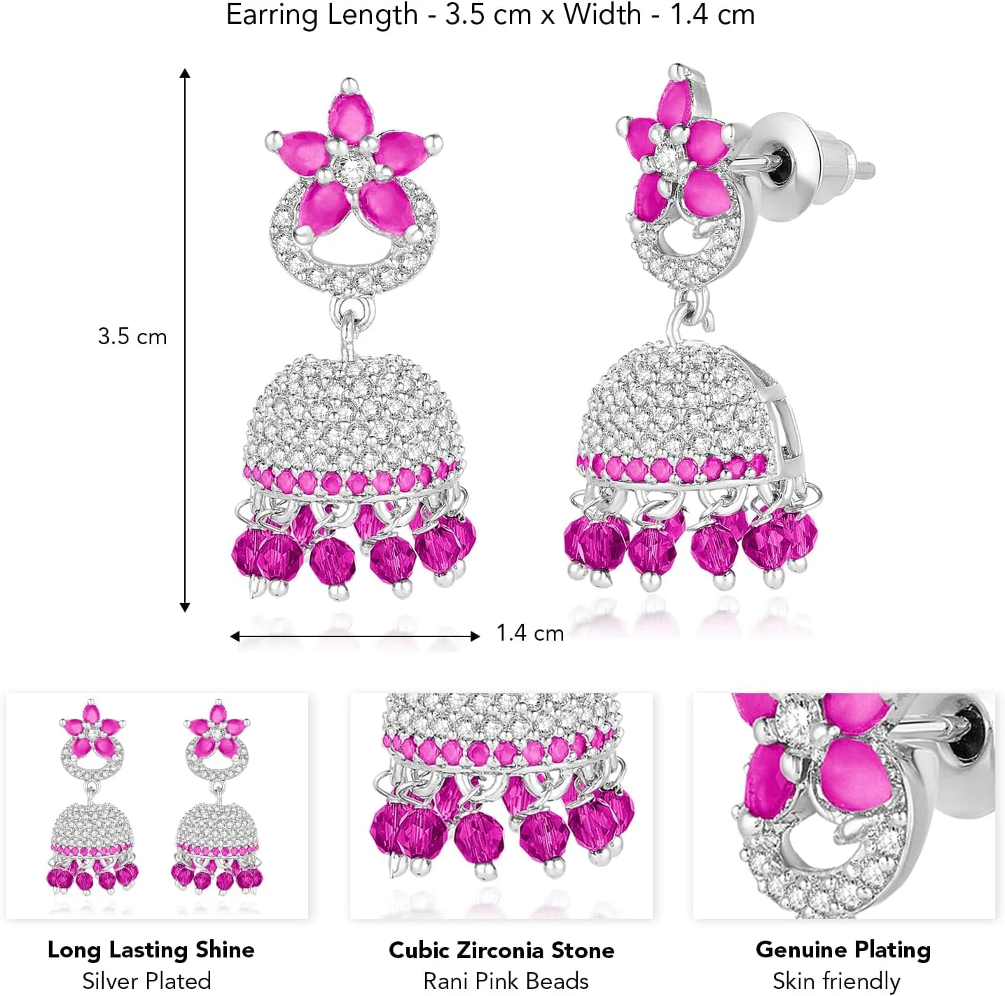 گوشواره های جومکی نقره ای با نگین های زیرکونیا و مهره های صورتی رانی Aheli، جواهرات زنانه گوشواره های جومکی نقره ای با نگین های زیرکونیا و مهره های صورتی رانی Aheli، جواهرات زنانه