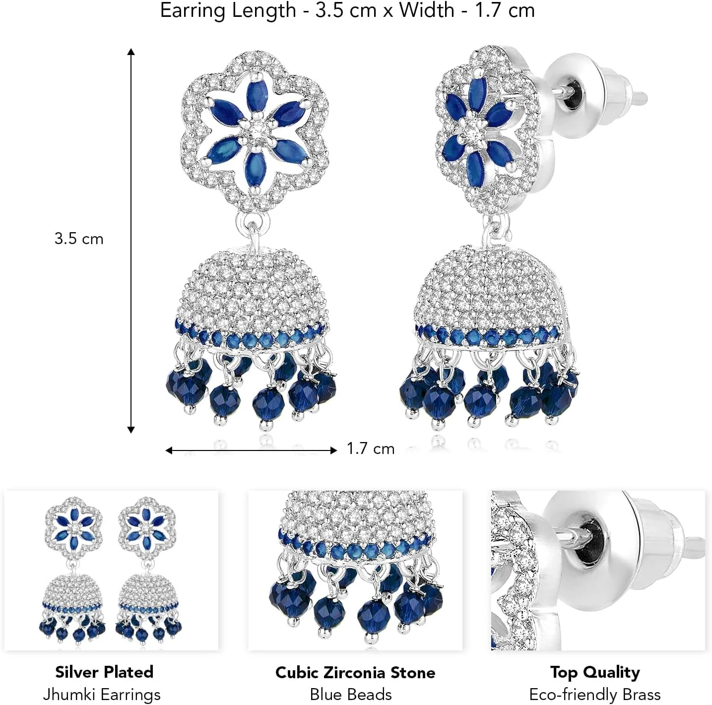 آهلی گوشواره های جومکی نقره ای با نگین های زیرکونیا و مهره های آبی زنانه آهلی گوشواره های جومکی نقره ای با نگین های زیرکونیا و مهره های آبی زنانه