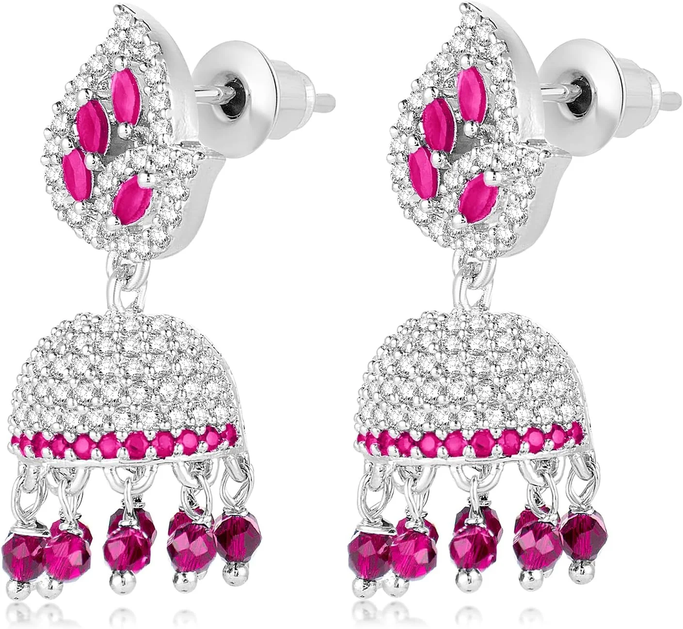 آهلی گوشواره های جومکی نقره ای با زیرکونیا مکعبی و مهره های صورتی رانی، جواهرات قومی برای زنان آهلی گوشواره های جومکی نقره ای با زیرکونیا مکعبی و مهره های صورتی رانی، جواهرات قومی برای زنان