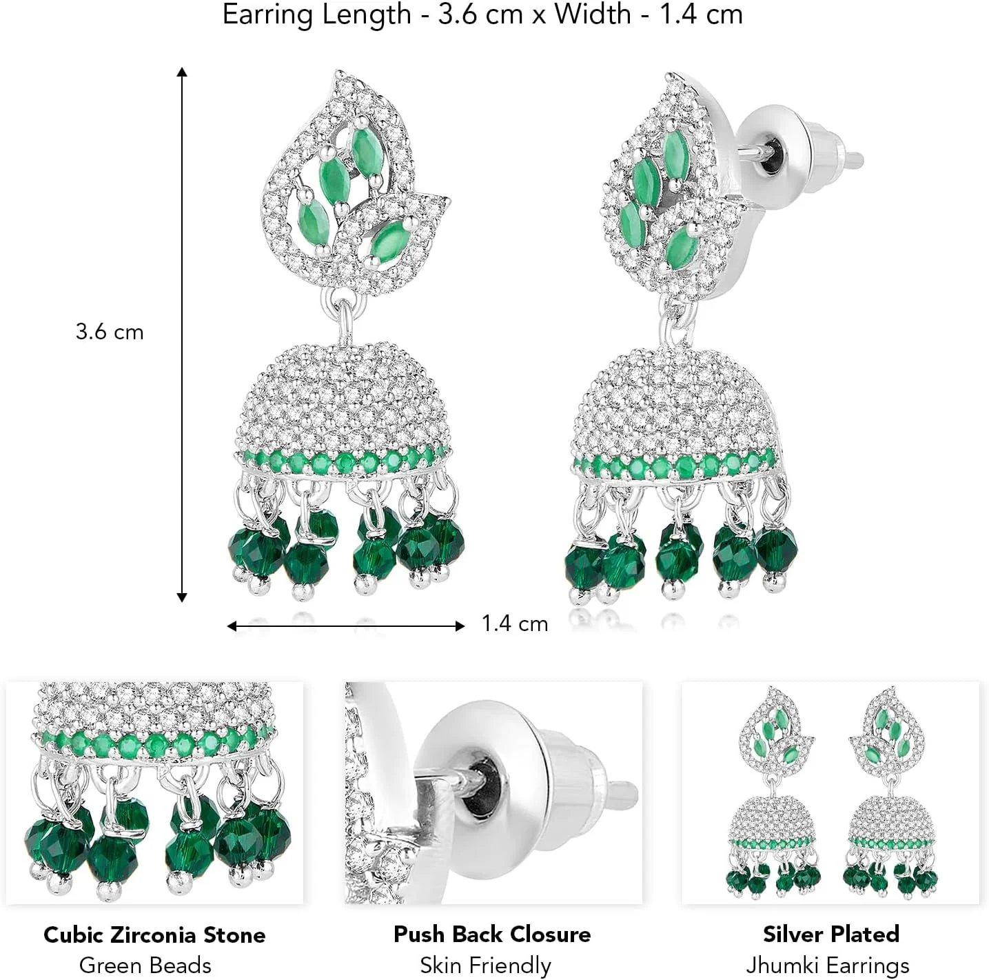 گوشواره های جومکی نقره ای با زیرکونیا مکعبی و مهره های سبز زنانه طرح 1 از Aheli گوشواره های جومکی نقره ای با زیرکونیا مکعبی و مهره های سبز زنانه طرح 1 از Aheli